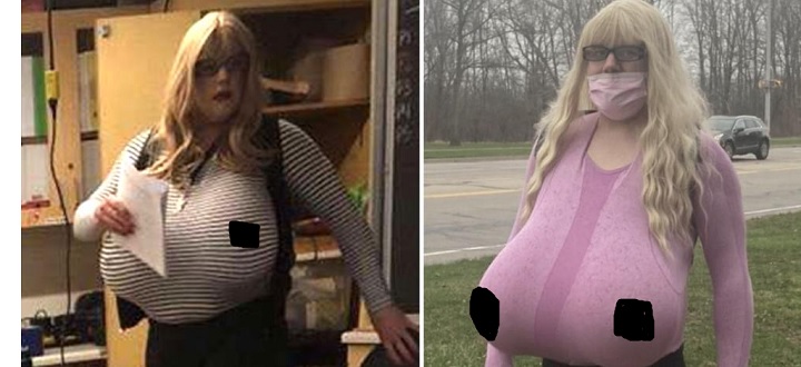 Having too big prosthetic breasts, a transgender teacher from Canada was protested by students